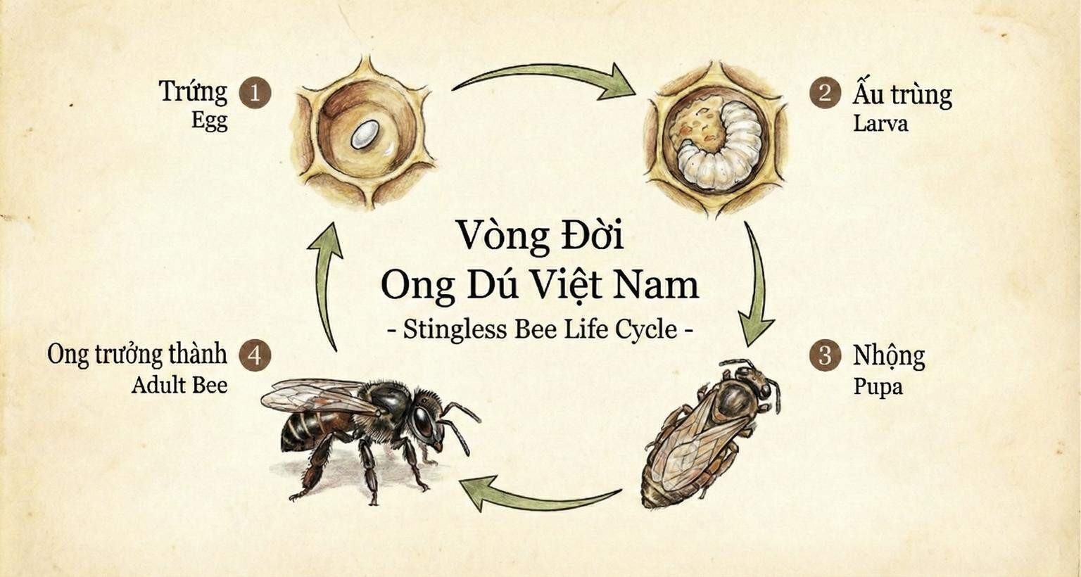 Vòng đời ong dú: từ trứng nước đến khi trưởng thành 1 Sơ đồ chi tiết vòng đời của ong dú qua 4 giai đoạn phát triển - Ong Dú Nhà Tôi
