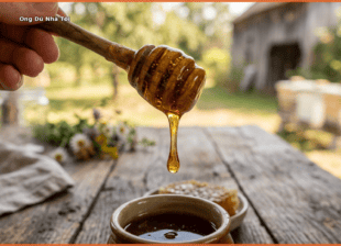 Mật ong dú nguyên chất chảy từ muỗng gỗ - Ong Dú Nhà Tôi Đồng Nai