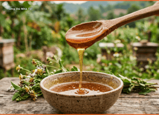 Mật ong dú chảy từ thìa gỗ — giải nhiệt mùa hè đúng cách
