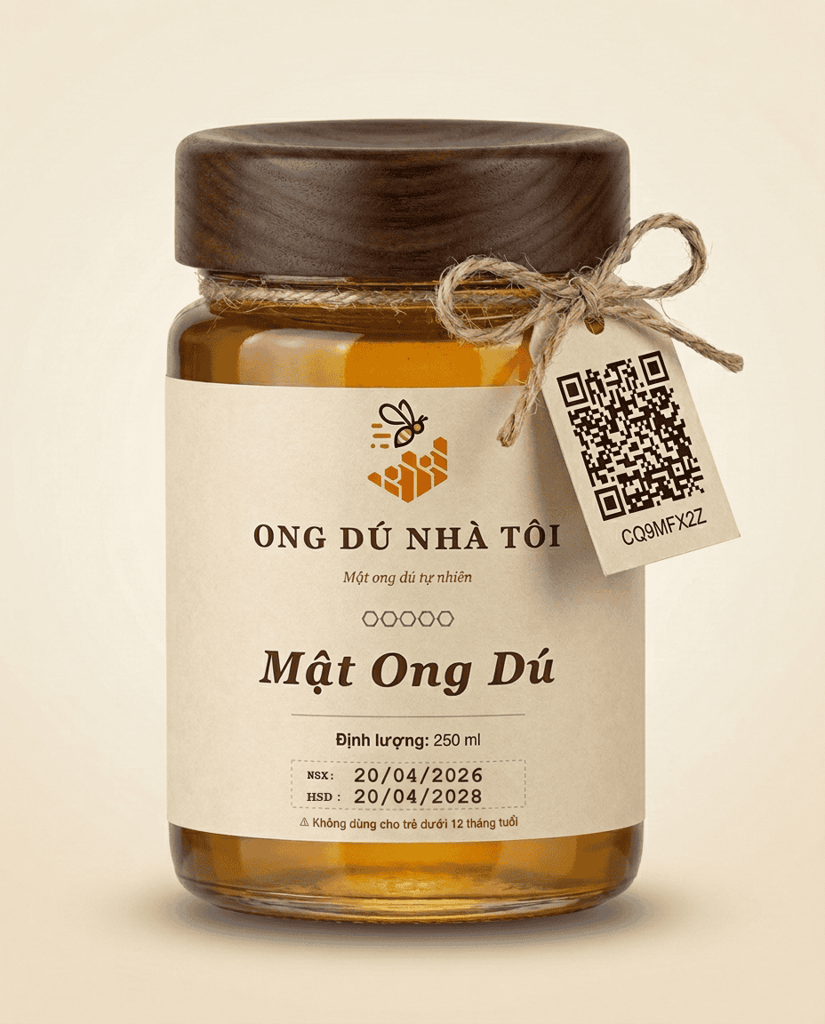 Nhãn và tem xác thực trên hũ mật ong dú thật Ong Dú Nhà Tôi