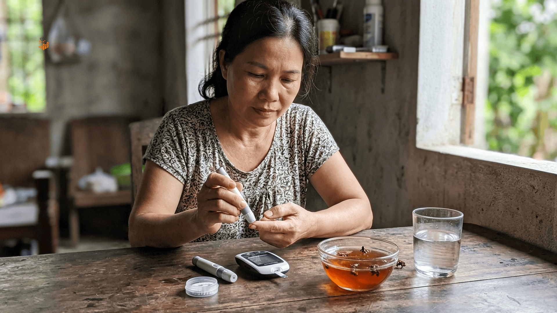 Người tiểu đường kiểm tra đường huyết bên cạnh mật ong dú