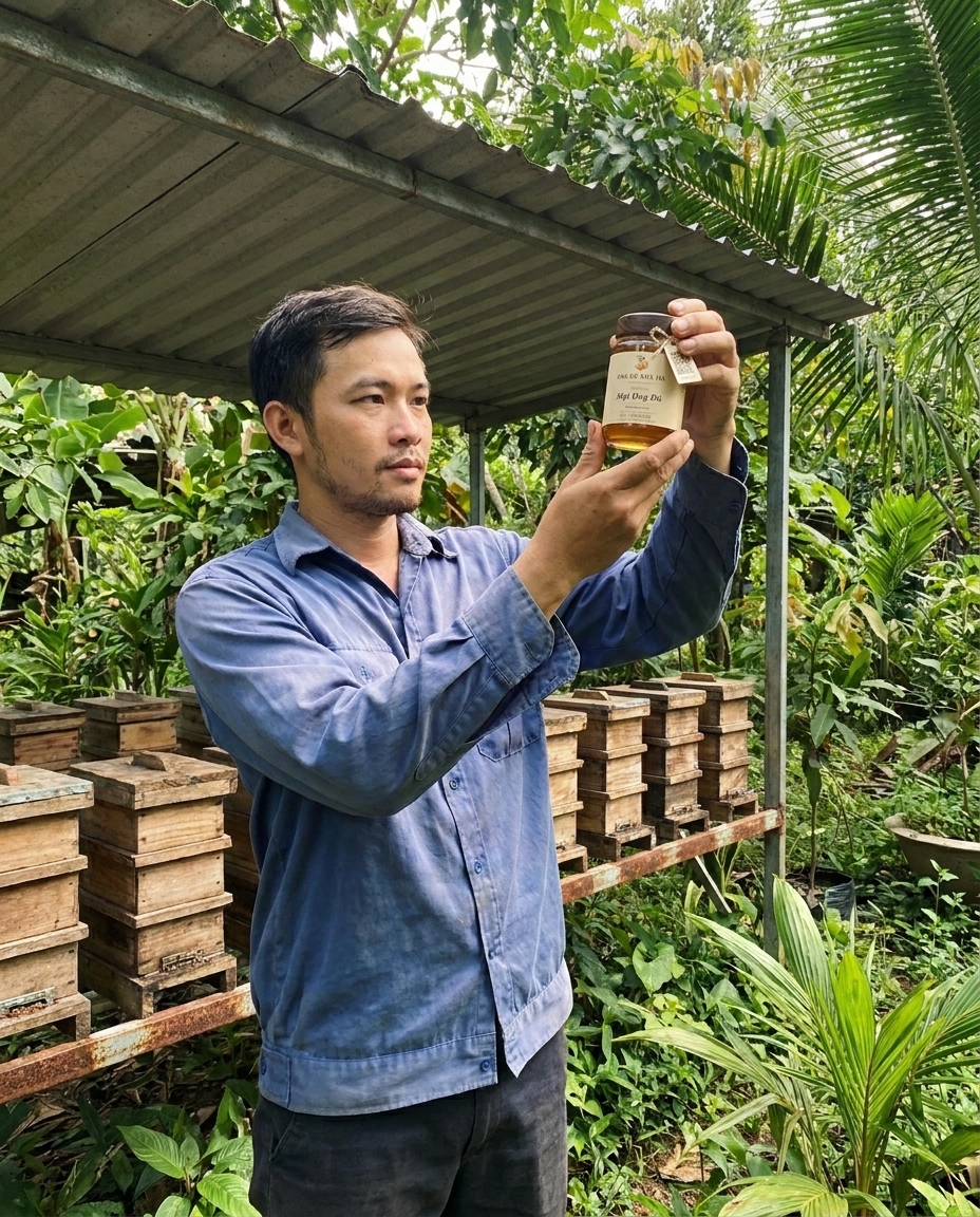 Mật ong dú trị ho cho cả nhà: các cách dùng dân gian 2 Người nuôi ong dú tại farm Đồng Nai kiểm tra mật ong nguyên chất