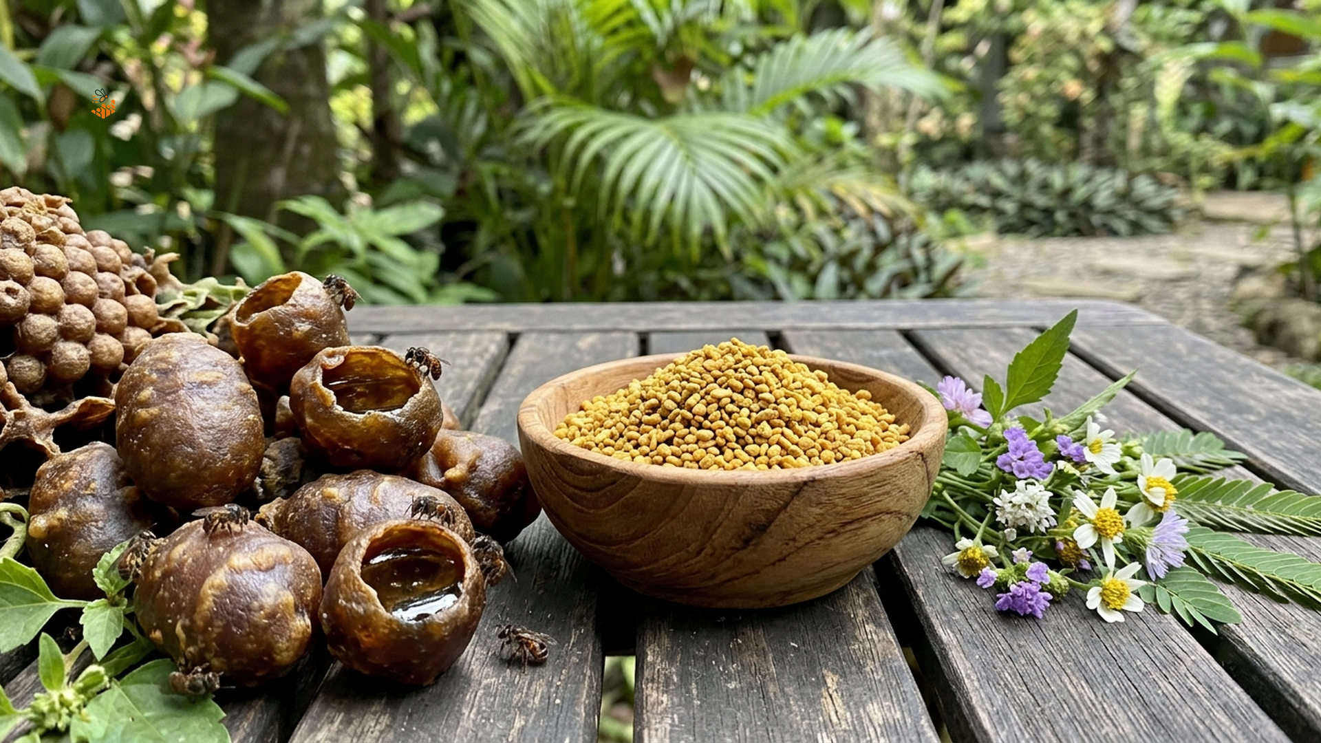 Phấn hoa ong dú là gì? Khác gì phấn hoa ong thường? 1 Phấn hoa ong dú dạng hạt màu vàng trong bát gỗ nhỏ cạnh hoa dại và lá xanh