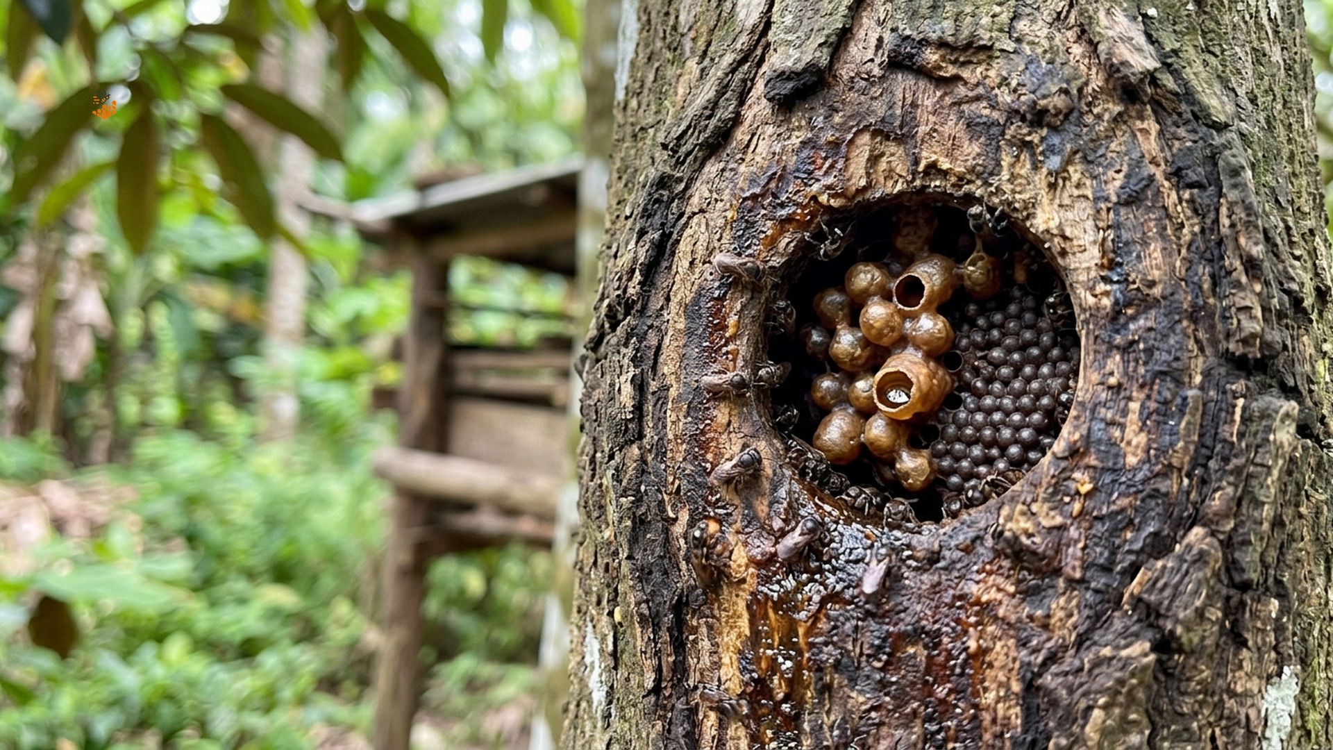 Phấn hoa ong dú là gì? Khác gì phấn hoa ong thường? 2 Tổ ong dú trên thân cây tại farm Đồng Nai với những chú ong nhỏ ra vào tổ
