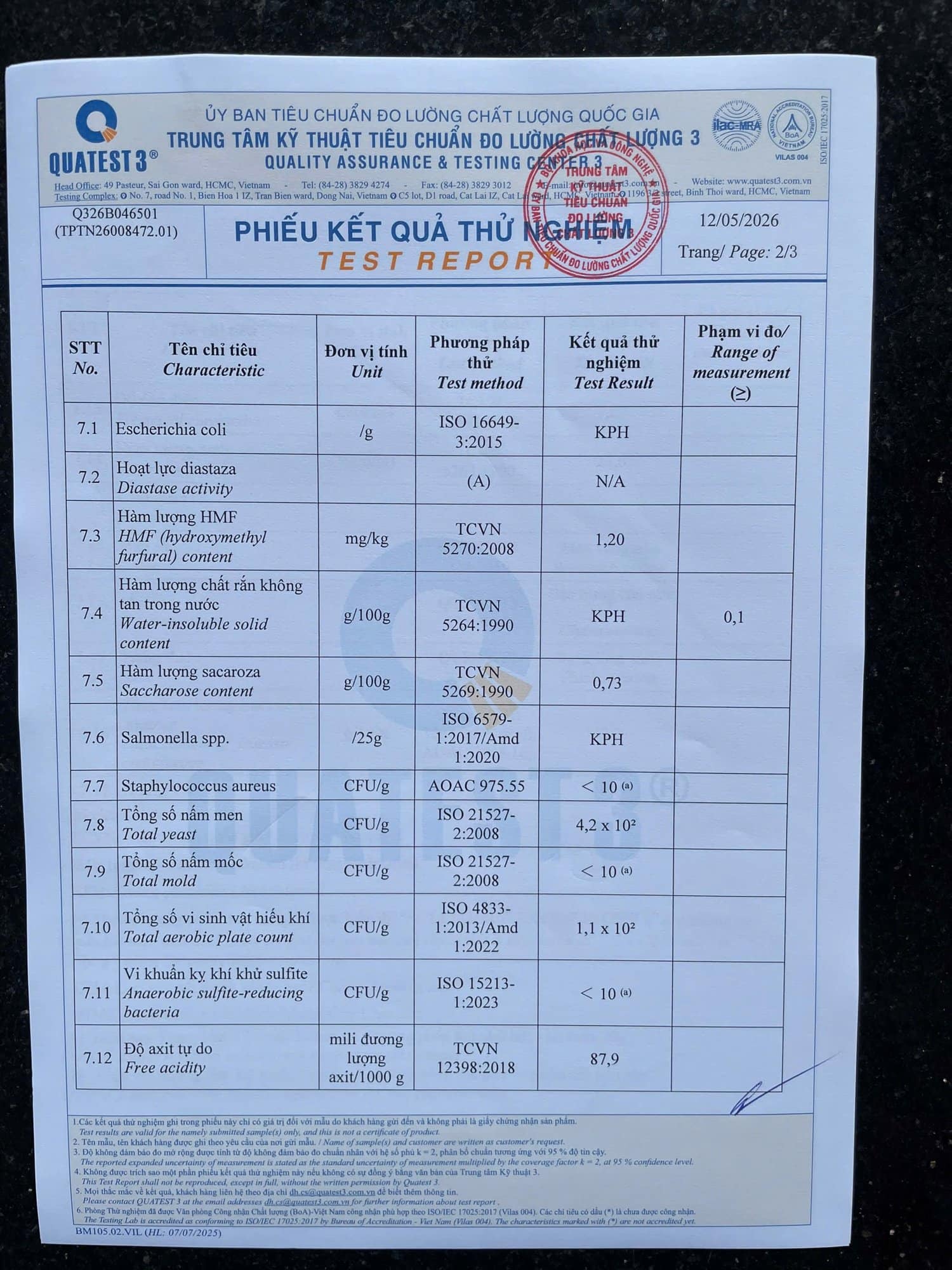 Phiếu kiểm nghiệm độc lập QUATEST 3 — Mật Ong Dú 2 Phiếu QUATEST 3 trang 2
