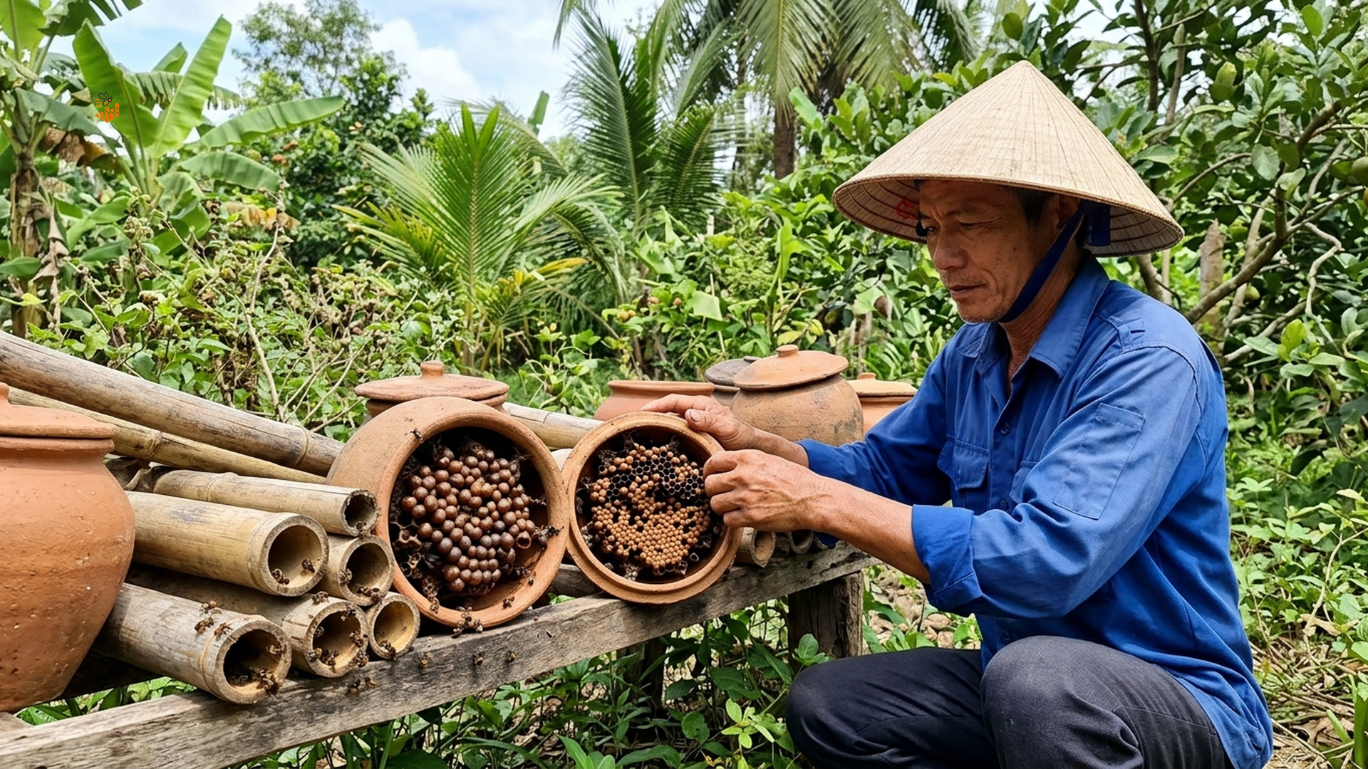 Sáp ong dú (cerumen) là gì và có công dụng gì? 2 Người nuôi ong dú tại farm Đồng Nai chăm sóc các tổ ong dú
