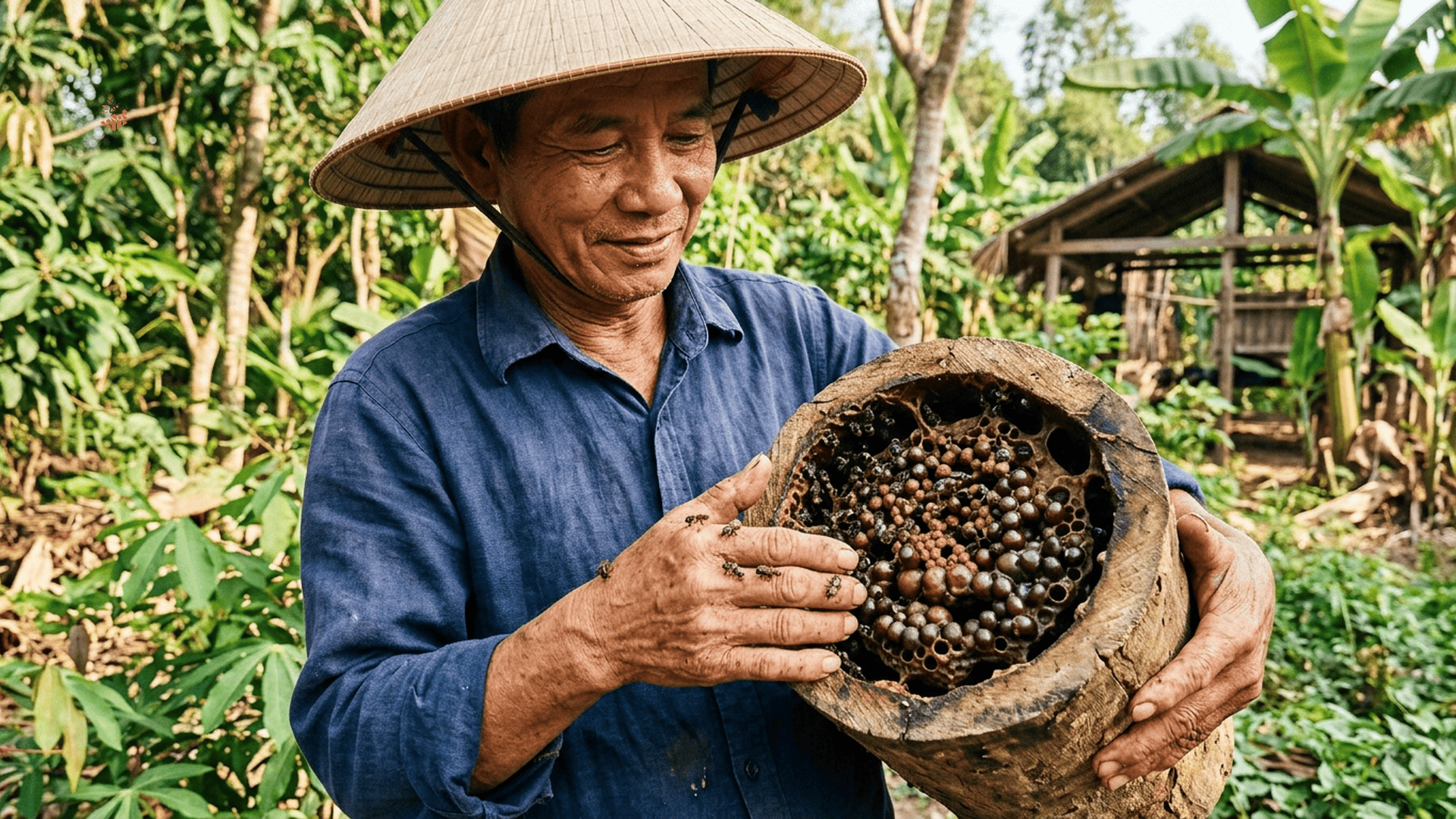 Vì Sao Ong Dú Không Có Ngòi Chích Và Rất Hiền Lành? 1 Người nuôi ong dú Đồng Nai cầm tổ ong trên tay không bị chích
