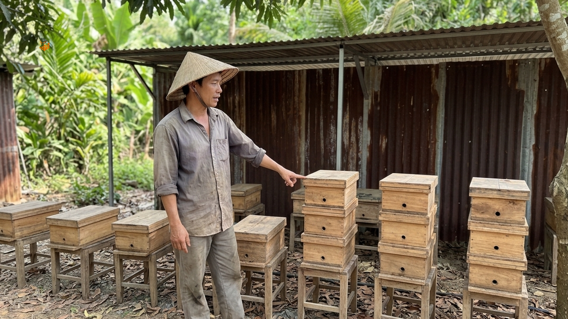 Người nuôi ong dú tại farm Đồng Nai bên thùng ong kế 3 tầng
