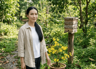 Miko dạo quanh trại ong dú Đồng Nai dịp Tết bên chồng thùng kế nhỏ và chậu mai vàng