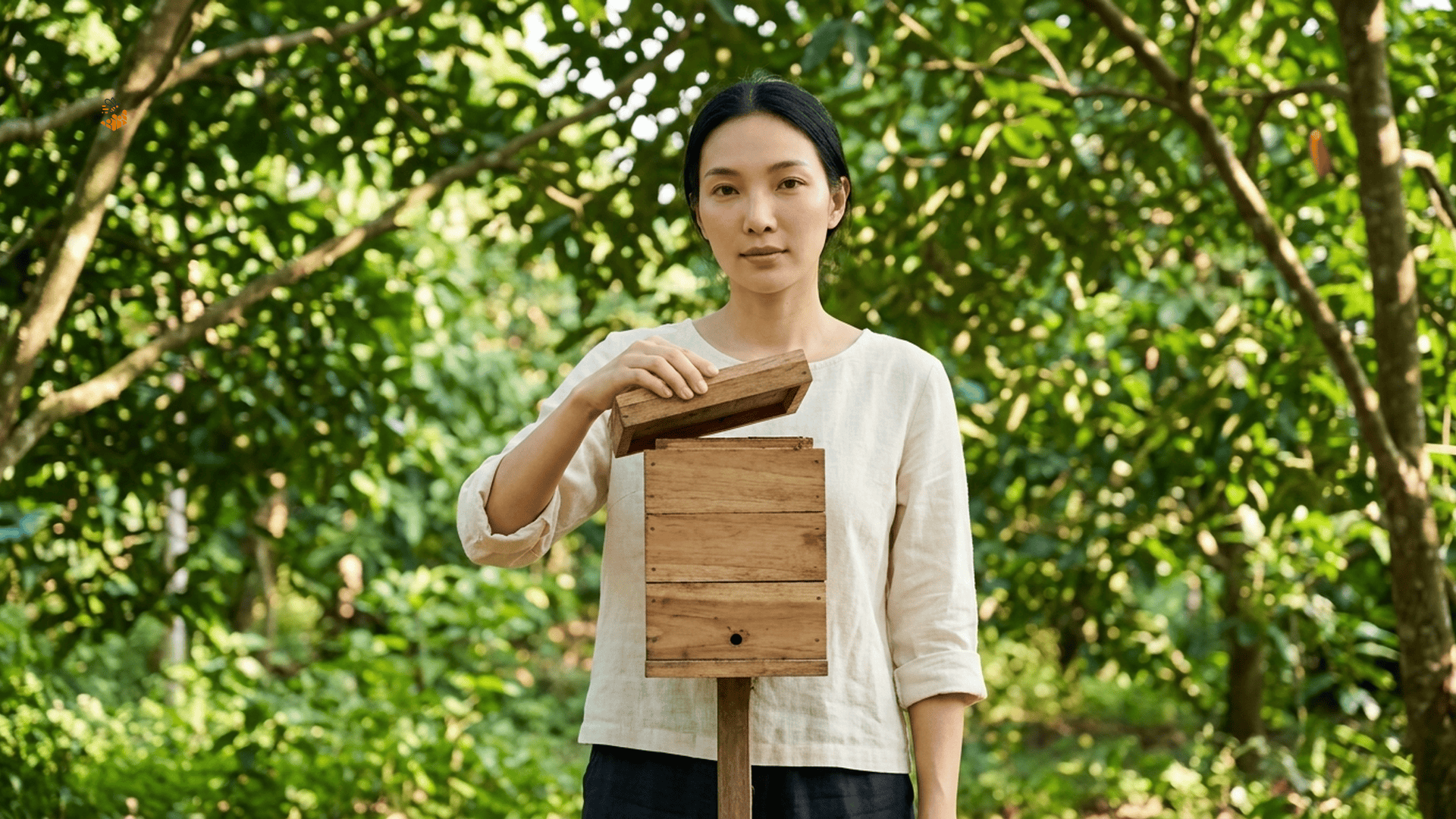 Uống mật ong dú lúc nào trong ngày là tốt nhất? 2 Miko nhẹ nhàng mở nắp thùng ong dú gỗ nhỏ dưới tán cây xanh buổi sáng tại trại Đồng Nai.