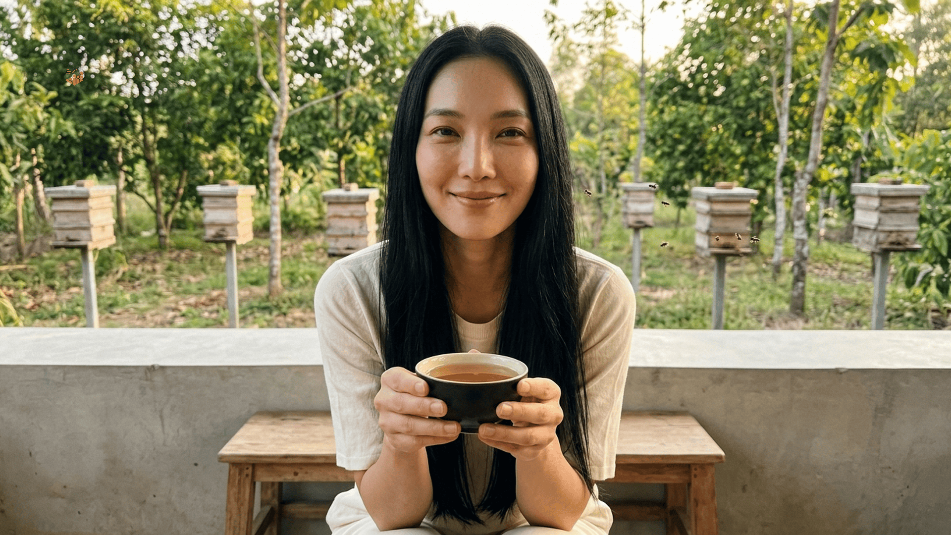 Miko ngồi thư giãn tại hiên trại ong dú Đồng Nai, tay ôm chén gốm mật ong dú ấm, ánh đèn buổi tối dịu nhẹ