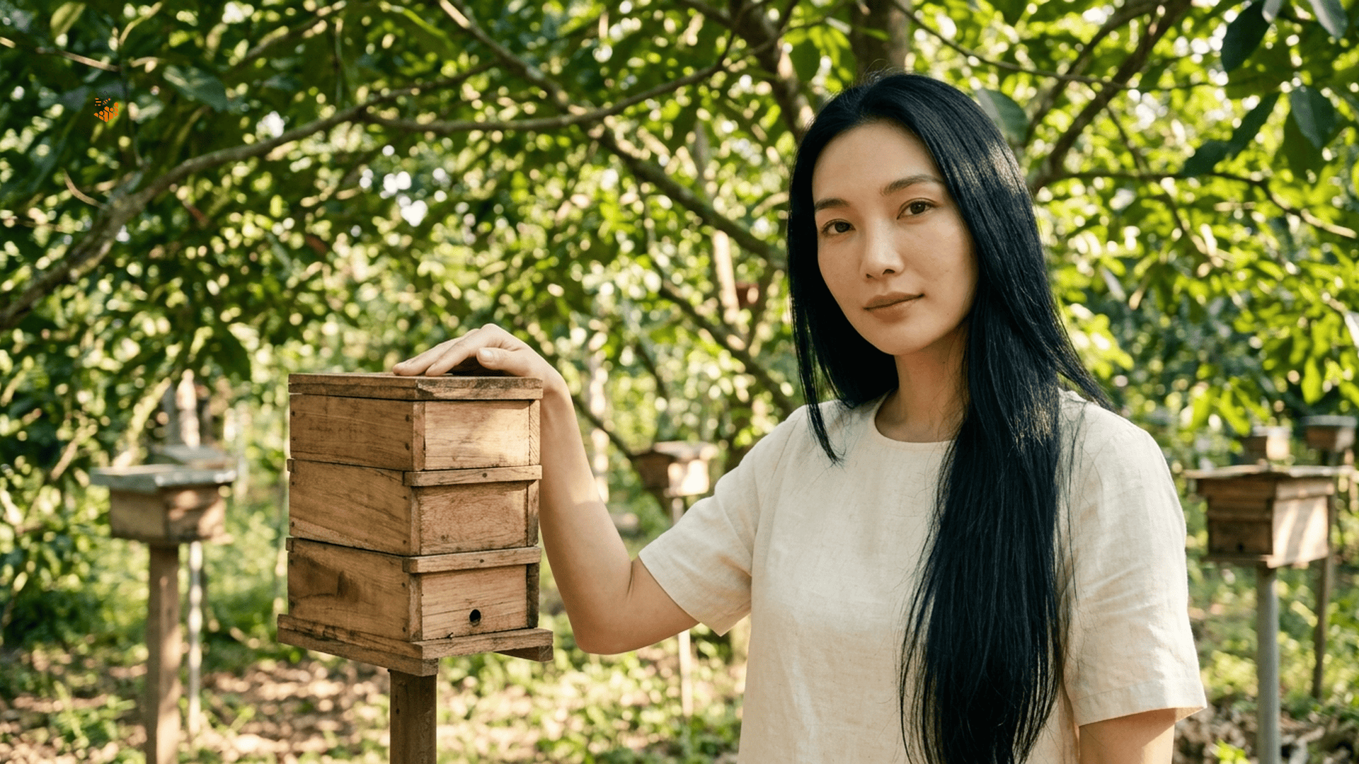 Cách bảo quản mật ong dú đúng cách giữ trọn dưỡng chất 2 Miko nhẹ nhàng chạm vào thùng ong dú 3 tầng tại trại Ong Dú Nhà Tôi, ánh nắng lọc qua tán cây xanh Đồng Nai.
